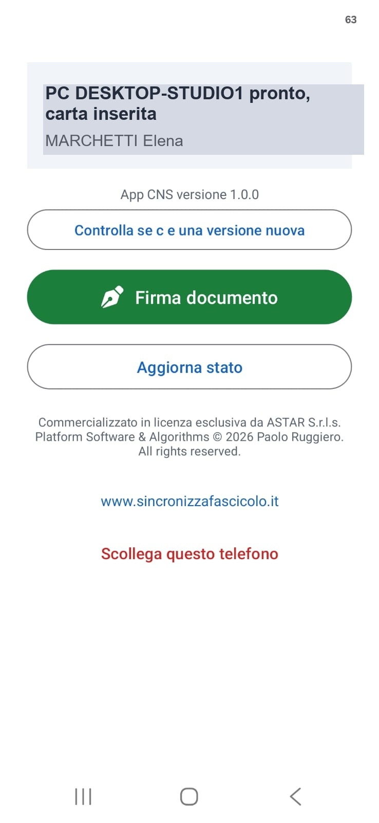 App CNS - schermata principale: PC pronto con carta inserita e pulsante Firma documento