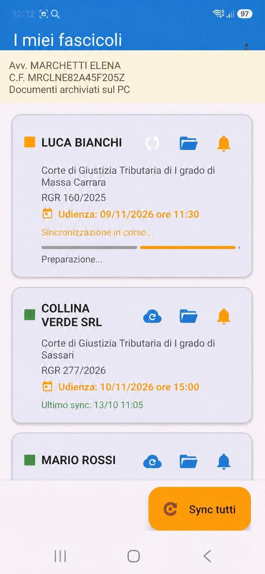 App CNS - elenco fascicoli con sincronizzazione in corso