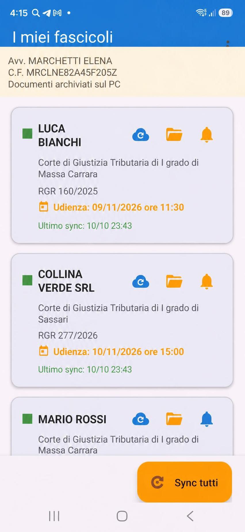 App CNS - elenco fascicoli con udienze e ultimo sync