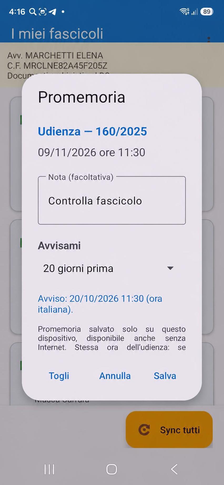 App CNS - promemoria udienza con nota