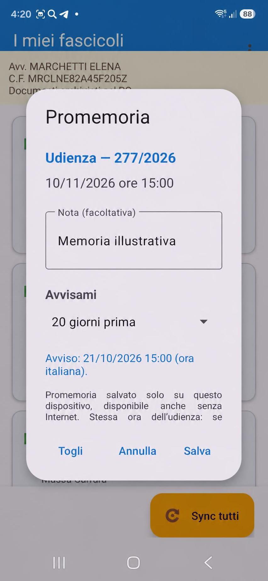 App CNS - promemoria udienza con avviso programmato